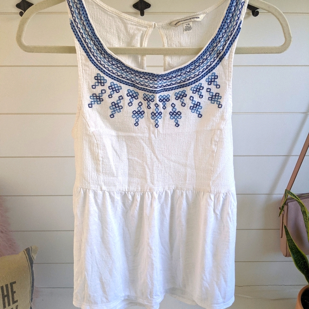 Blue embroidered tank top